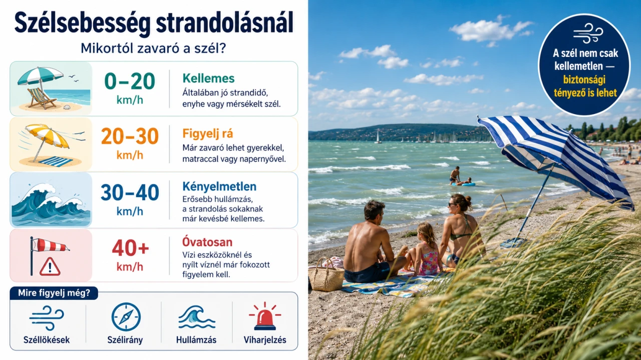 Infografika a strandol&aacute;sn&aacute;l zavar&oacute; sz&eacute;lsebess&eacute;gről, hull&aacute;mz&oacute; v&iacute;zparttal, napernyővel, sz&eacute;ll&ouml;k&eacute;s-, sz&eacute;lir&aacute;ny-, hull&aacute;mz&aacute;s- &eacute;s viharjelz&eacute;s ikonokkal.