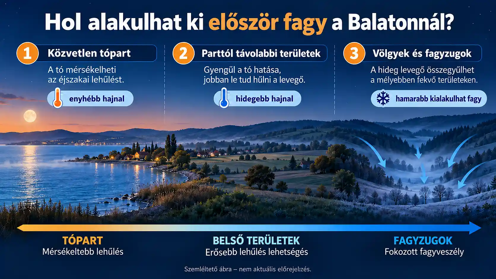 Szemléltető infografika a Balaton környéki fagyveszély területi különbségeiről. Bemutatja a tó hőmérséklet-mérséklő hatását és a hideg levegő összegyűlését a völgyekben. Infografika az első balatoni fagy kialakulásáról: mérsékeltebb lehűlés a tóparton, erősebb lehűlés a belső területeken és fokozott fagyveszély a fagyzugokban.