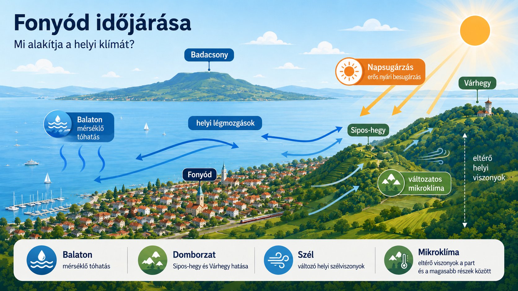 Infografika Fony&oacute;d időj&aacute;r&aacute;s&aacute;r&oacute;l &eacute;s a helyi kl&iacute;m&aacute;t alak&iacute;t&oacute; t&eacute;nyezőkről