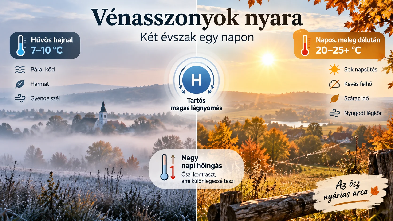 V&eacute;nasszonyok nyara infografika hűv&ouml;s, k&ouml;d&ouml;s hajnallal &eacute;s napos, meleg d&eacute;lut&aacute;nnal