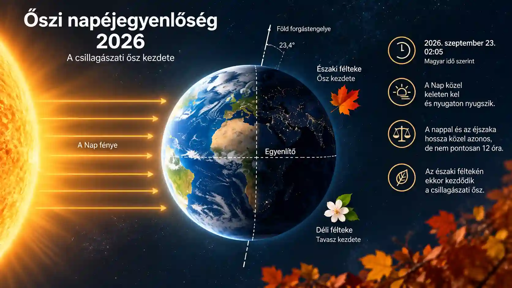 Infografika az őszi napéjegyenlőség 2026 működéséről, a Föld 23,4 fokos tengelyferdeségével, az egyenlítővel, a Nap megvilágításával és a csillagászati ősz kezdetével. Őszi napéjegyenlőség 2026 infografika a Föld tengelyferdeségével és a nappal-éjszaka megvilágításával