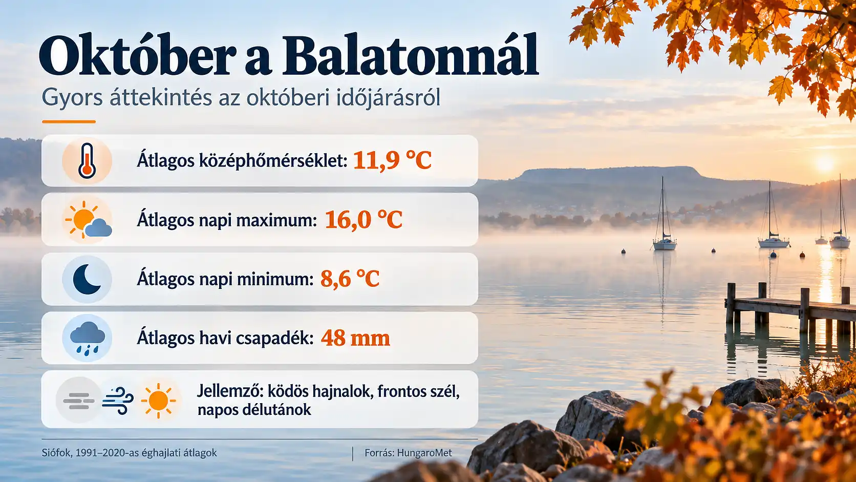 Okt&oacute;beri időj&aacute;r&aacute;si &aacute;tlagok a Balatonn&aacute;l: hőm&eacute;rs&eacute;klet, csapad&eacute;k, k&ouml;d &eacute;s sz&eacute;l