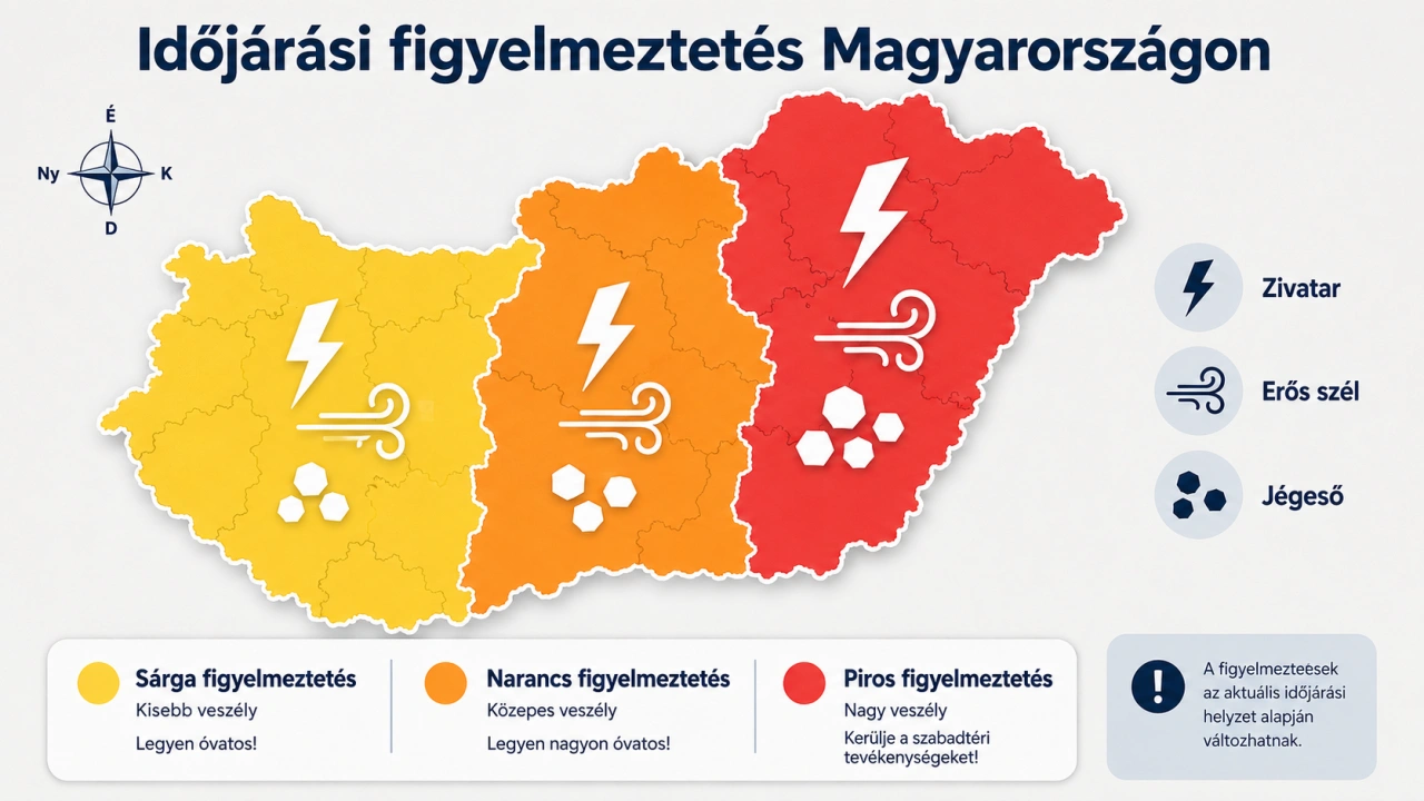 Magyar nyelvű időjárási infografika Magyarország sárga, narancs és piros figyelmeztetési zónáiról, zivatarra, erős szélre és jégesőre utaló ikonokkal. Magyarország térképe sárga, narancs és piros időjárási figyelmeztetési zónákkal, zivatar-, szél- és jégesőikonokkal.
