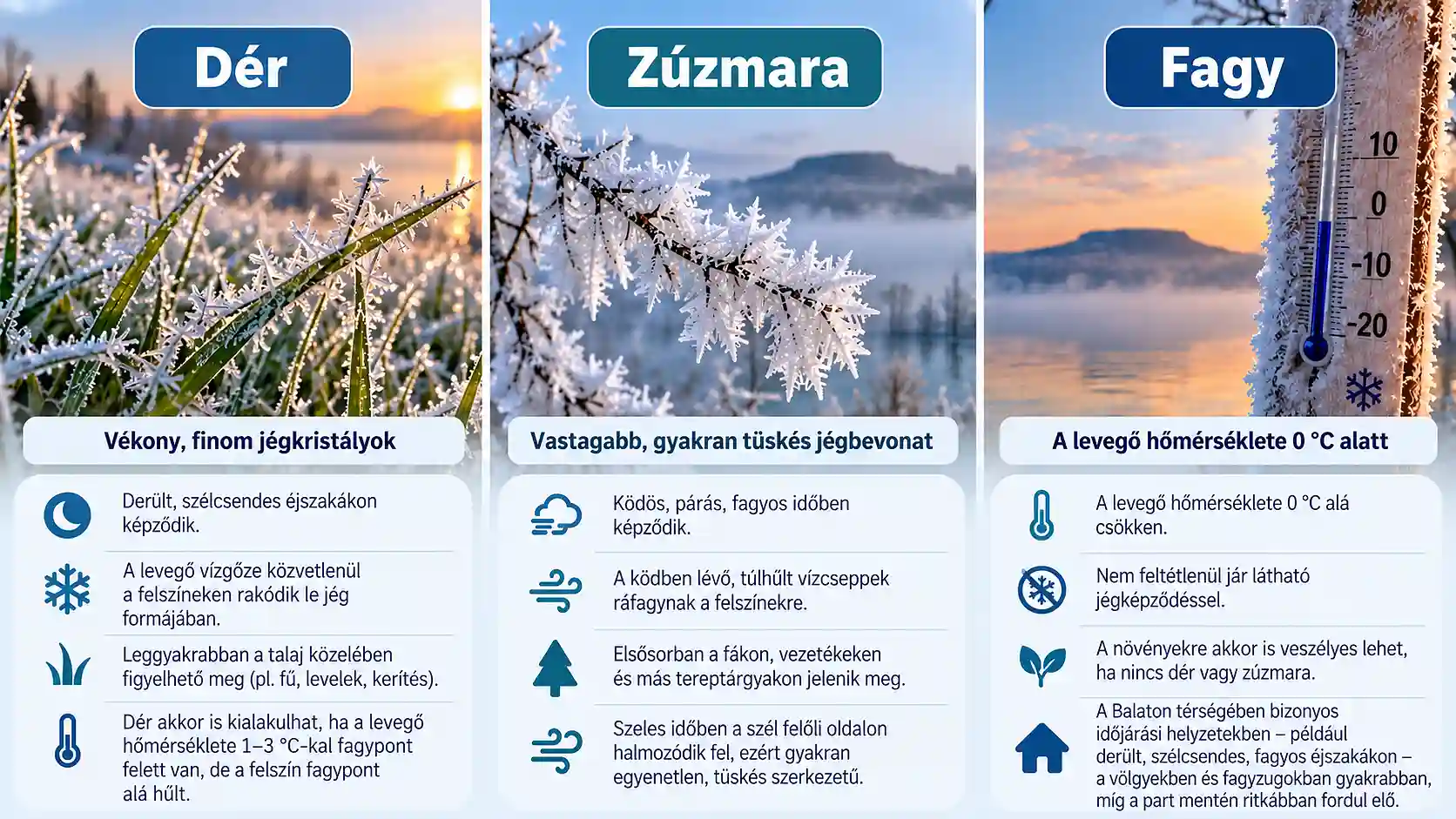 Háromrészes infografika a dér, a zúzmara és a fagy kialakulásáról, jellemzőiről és a Balaton környékén előforduló sajátosságokról. Dér, zúzmara és fagy közötti különbségek infografikán, balatoni példákkal.