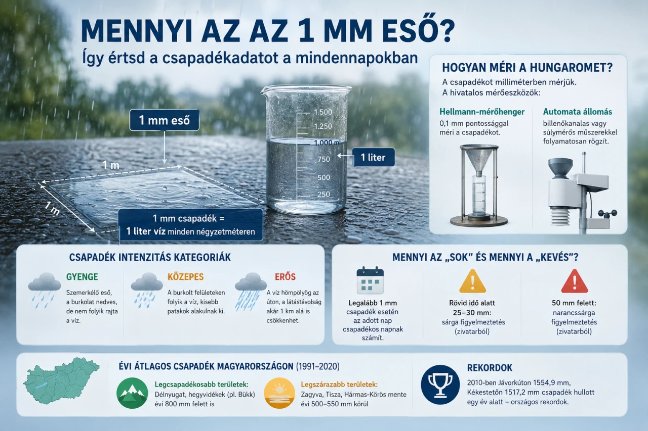 Magyar nyelvű infografika az 1 mm eső jelentéséről, a csapadék méréséről, intenzitásáról és a hazai csapadékadatok értelmezéséről. Infografika arról, hogy 1 mm eső négyzetméterenként 1 liter vizet jelent, valamint a csapadékmérés és az intenzitás főbb tudnivalóiról.