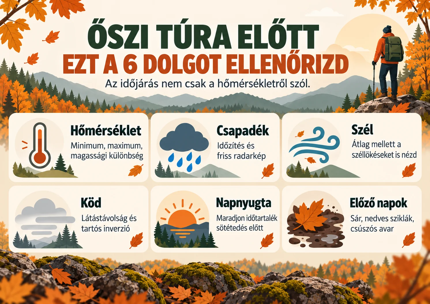 Őszi t&uacute;ra ellenőrzőlista hőm&eacute;rs&eacute;klettel, csapad&eacute;kkal, sz&eacute;llel, k&ouml;ddel, napnyugt&aacute;val &eacute;s az előző napok időj&aacute;r&aacute;s&aacute;val