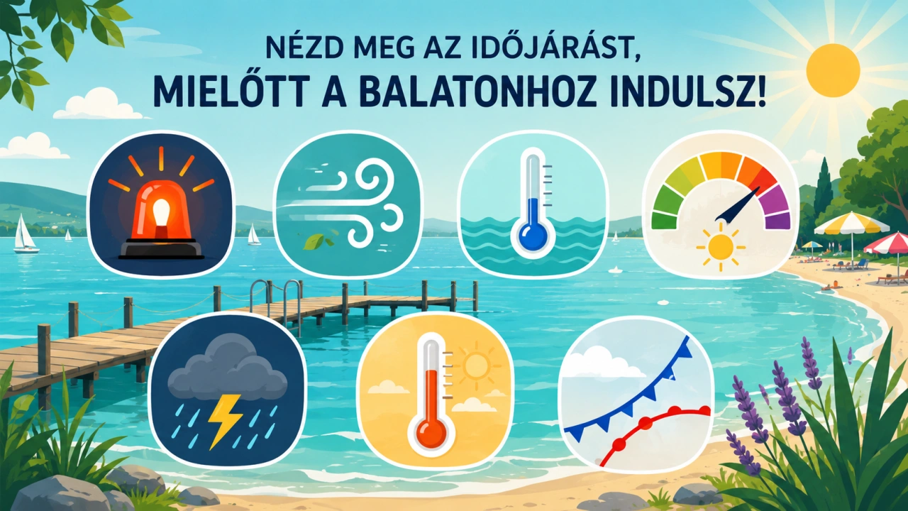 Modern balatoni infografika a strandolás előtt ellenőrizendő időjárási adatokról: viharjelzés, szél, vízhőmérséklet, UV-index, zivatar, hőérzet és fronthatás. Balatoni strandidő ellenőrzése hét időjárási ikonnal