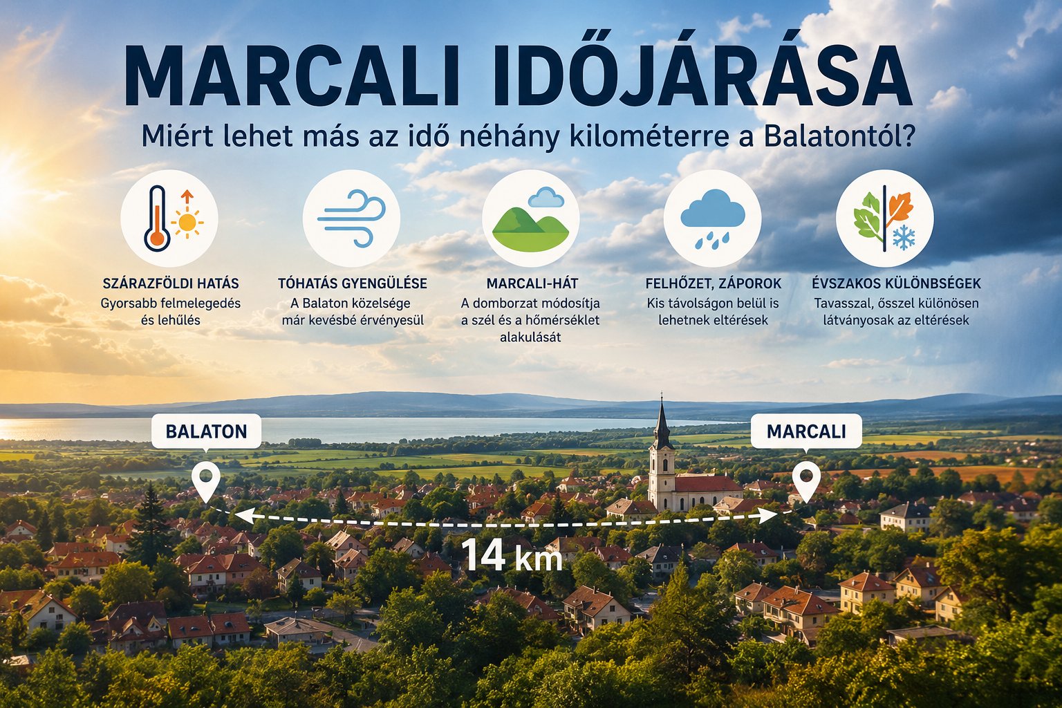 Infografika Marcali időj&aacute;r&aacute;s&aacute;r&oacute;l &eacute;s a Balaton k&ouml;zels&eacute;g&eacute;nek hat&aacute;s&aacute;r&oacute;l
