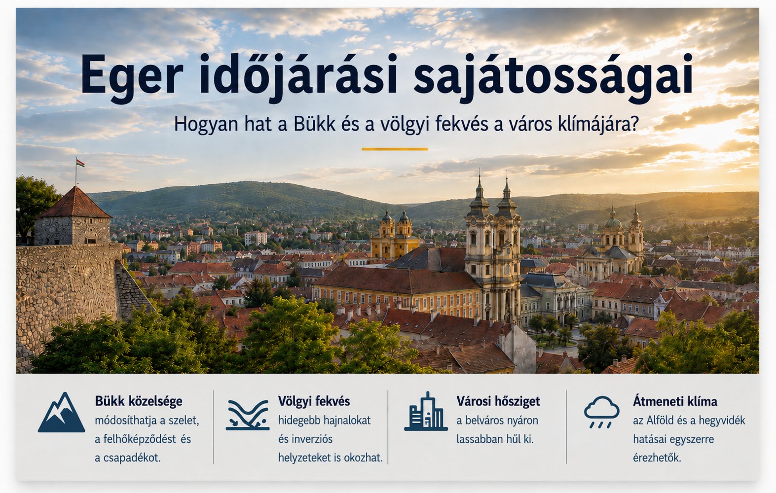 Infografika Eger helyi időjárását alakító fő tényezőkről: a Bükk közelségéről, a völgyi fekvésről, a városi hősziget hatásáról és az átmeneti klímáról. Infografika Eger időjárási sajátosságairól, a Bükk, a völgyi fekvés és a városi hősziget hatásáról