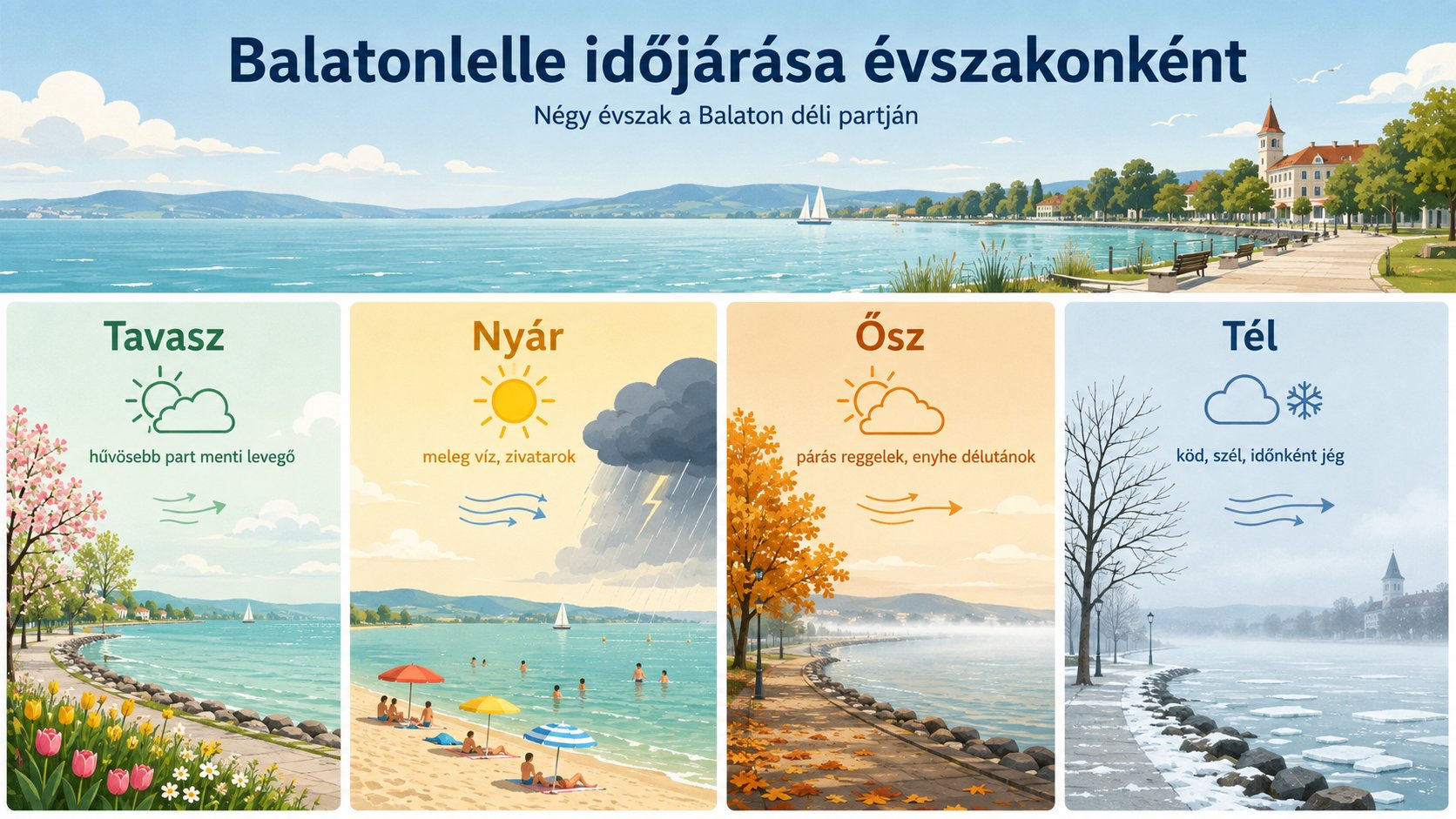 Infografika Balatonlelle időj&aacute;r&aacute;s&aacute;r&oacute;l tavasszal, ny&aacute;ron, ősszel &eacute;s t&eacute;len