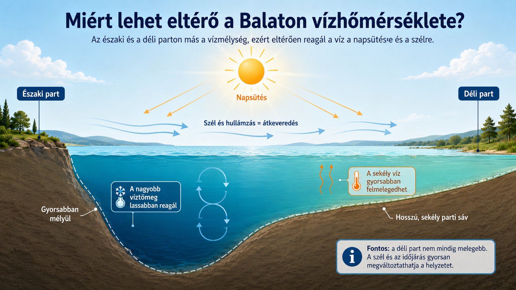 Infografika a Balaton &eacute;szaki &eacute;s d&eacute;li partj&aacute;nak elt&eacute;rő v&iacute;zm&eacute;lys&eacute;g&eacute;ről, a sek&eacute;ly v&iacute;z gyorsabb felmeleged&eacute;s&eacute;ről &eacute;s a sz&eacute;l &aacute;tkeverő hat&aacute;s&aacute;r&oacute;l