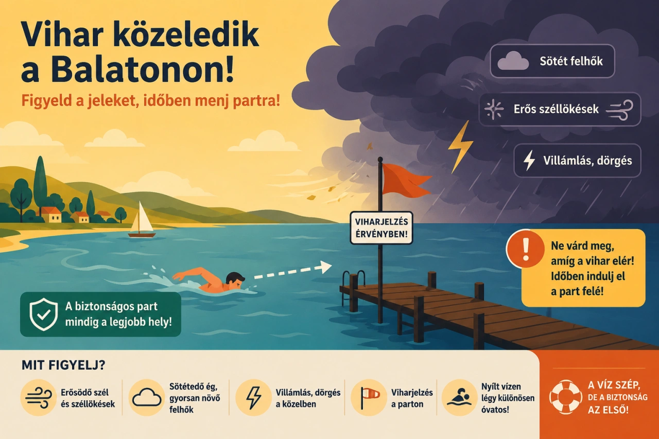 Vihar k&ouml;zeledik a Balatonon &ndash; biztons&aacute;gi infografika &uacute;sz&oacute;val, viharjelz&eacute;ssel, s&ouml;t&eacute;t felhőkkel, vill&aacute;ml&aacute;ssal &eacute;s erős sz&eacute;ll&ouml;k&eacute;sekkel.