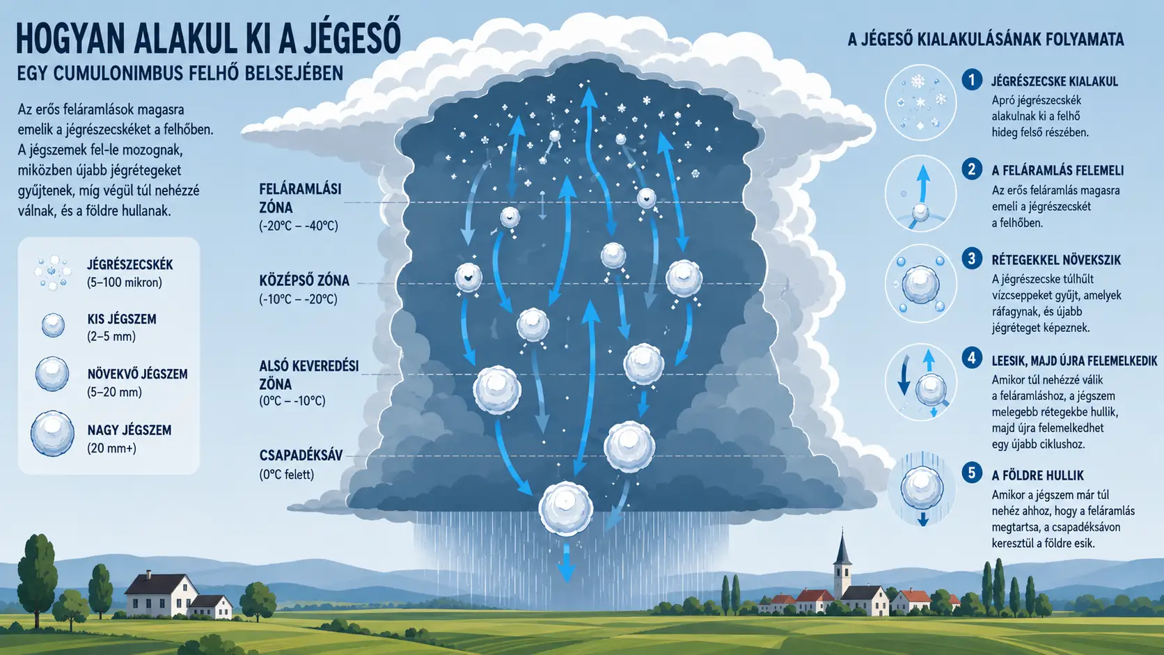 Hogy alakul ki a jégeső és mitől függ, mekkora jégszemek lesznek végül? A jégeső kualakulás infografika