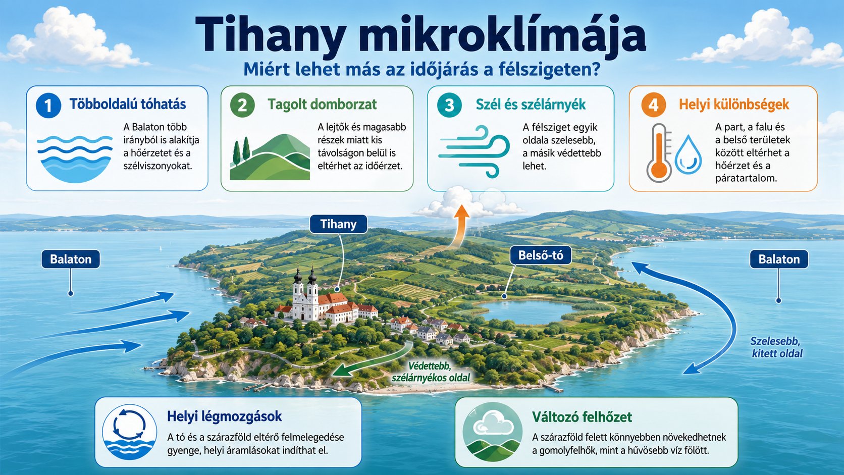 Infografika Tihany mikrokl&iacute;m&aacute;j&aacute;r&oacute;l &eacute;s a f&eacute;lsziget helyi időj&aacute;r&aacute;si saj&aacute;toss&aacute;gair&oacute;l