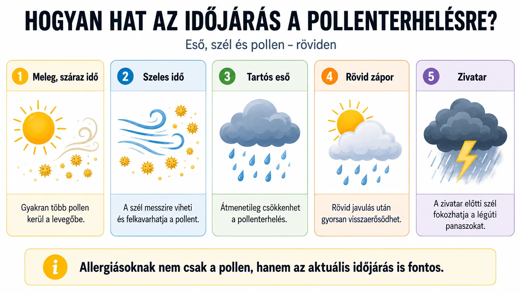 Az infografika bemutatja, hogyan változtathatja meg a meleg, a szél, a tartós eső, a rövid zápor és a zivatar a levegő pollenterhelését. Infografika a meleg, a szél, az eső, a zápor és a zivatar pollenterhelésre gyakorolt hatásáról