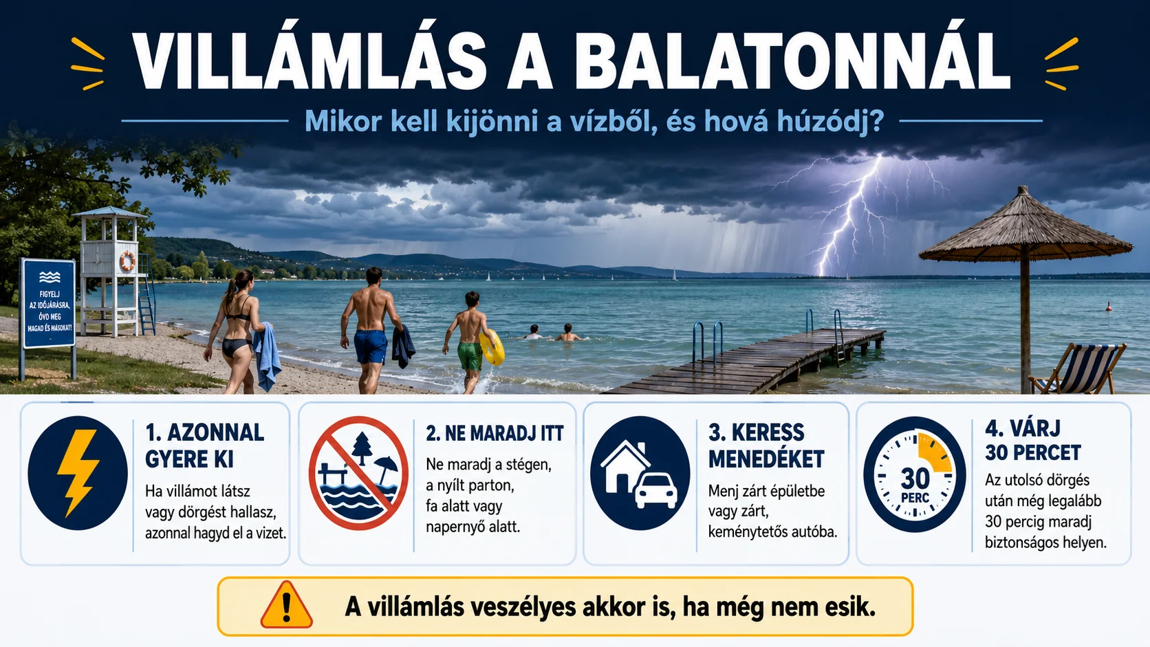 Infografika a balatoni vill&aacute;ml&aacute;s legfontosabb biztons&aacute;gi szab&aacute;lyair&oacute;l