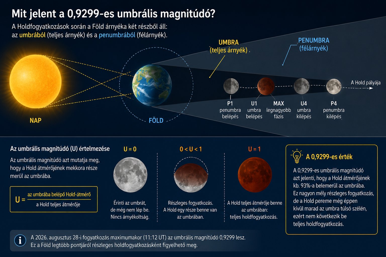 Magyarázó infografika a 2026. augusztus 28-i részleges holdfogyatkozásról. Az ábra bemutatja a Föld félárnyékát és teljes árnyékát, valamint azt, mit jelent a 0,9299-es umbrális magnitúdó. Infografika a 0,9299-es umbrális magnitúdó jelentéséről a 2026. augusztus 28-i részleges holdfogyatkozásnál