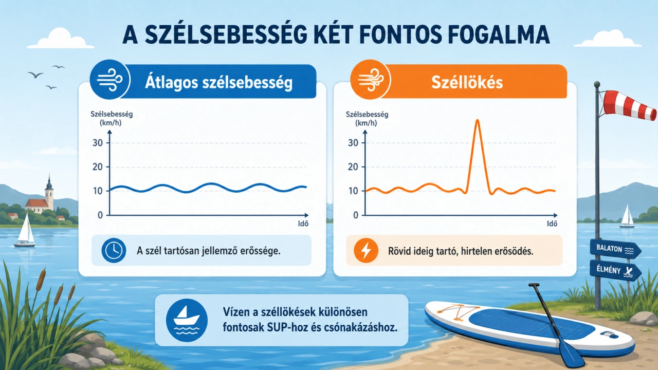 Az átlagos szélsebességet és a széllökést összehasonlító magyar infografika balatoni háttérrel, grafikonokkal, SUP-deszkával és szélzsákkal. Magyar nyelvű infografika az átlagos szélsebesség és a hirtelen széllökés közötti különbségről, balatoni SUP-os és csónakázási példával.
