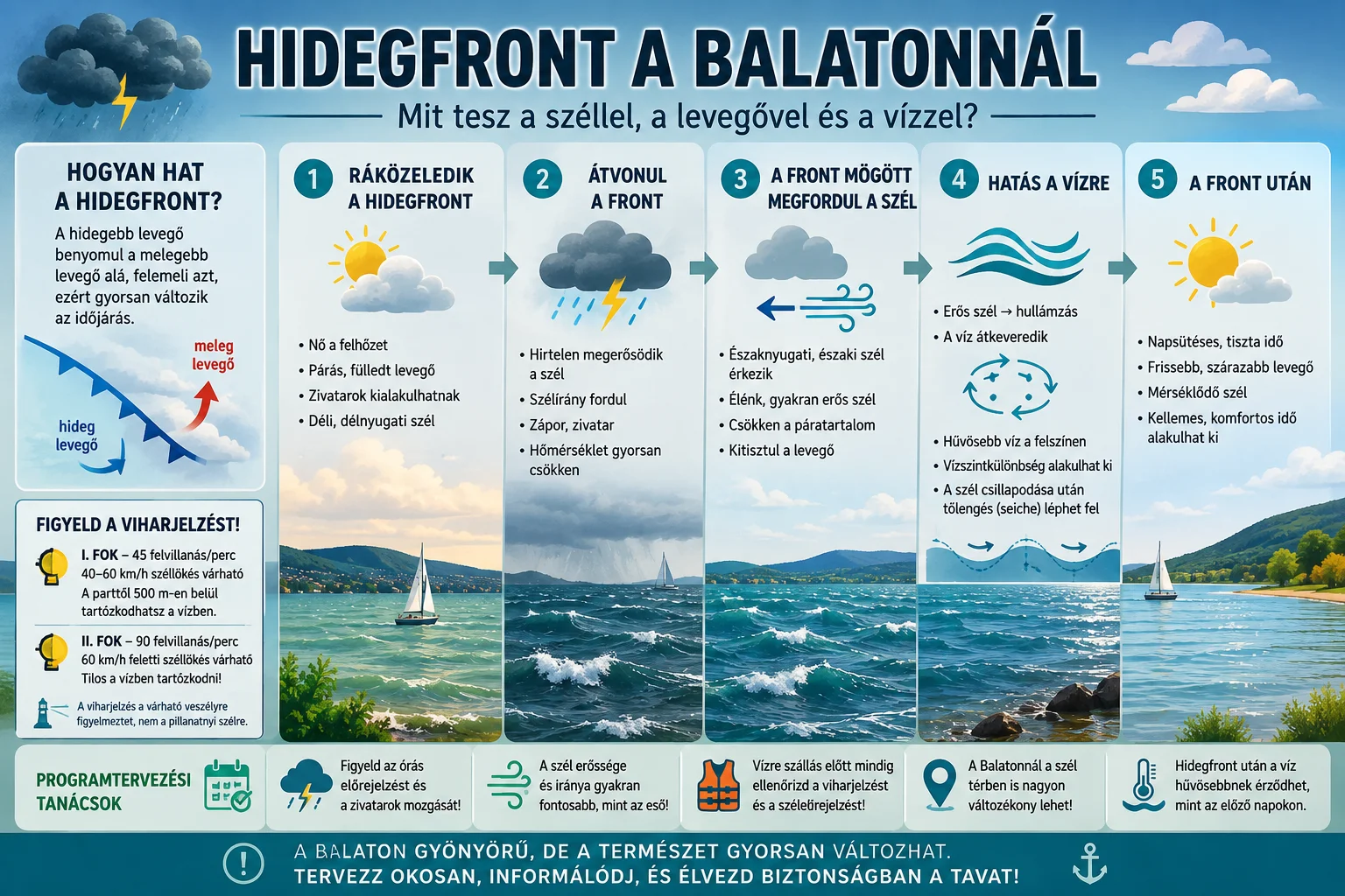 Infografika arr&oacute;l, hogyan hat a hidegfront a Balatonn&aacute;l a sz&eacute;lre, a levegőre &eacute;s a v&iacute;zre