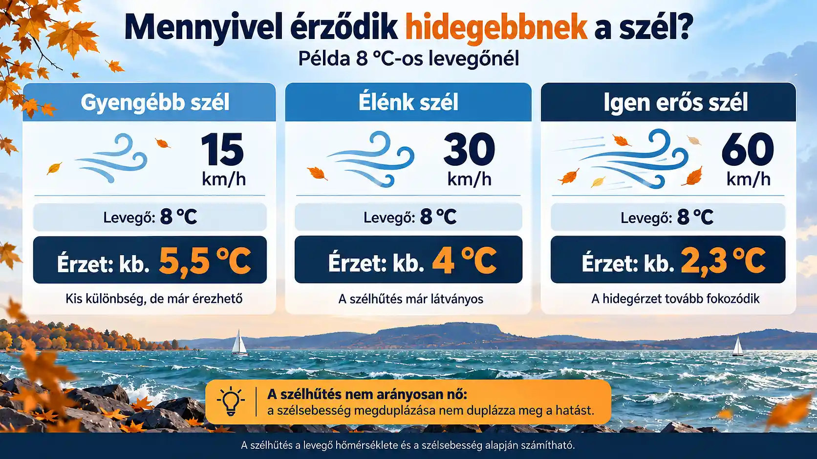 Sz&eacute;lhűt&eacute;s a Balatonn&aacute;l: 8 &deg;C-os levegőben 15, 30 &eacute;s 60 km/h-s sz&eacute;l mellett az &eacute;rzett hőm&eacute;rs&eacute;klet 5,5, 4 &eacute;s 2,3 &deg;C.