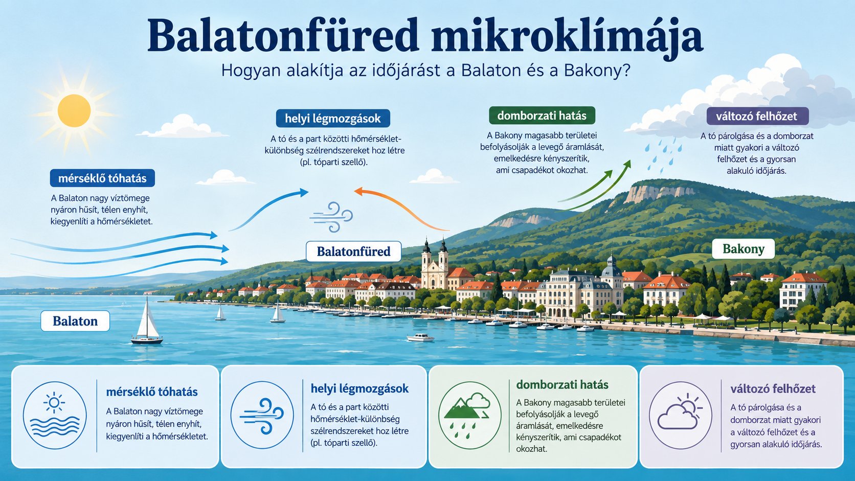 Infografika Balatonf&uuml;red mikrokl&iacute;m&aacute;j&aacute;r&oacute;l, a Balaton &eacute;s a Bakony időj&aacute;r&aacute;si hat&aacute;sair&oacute;l