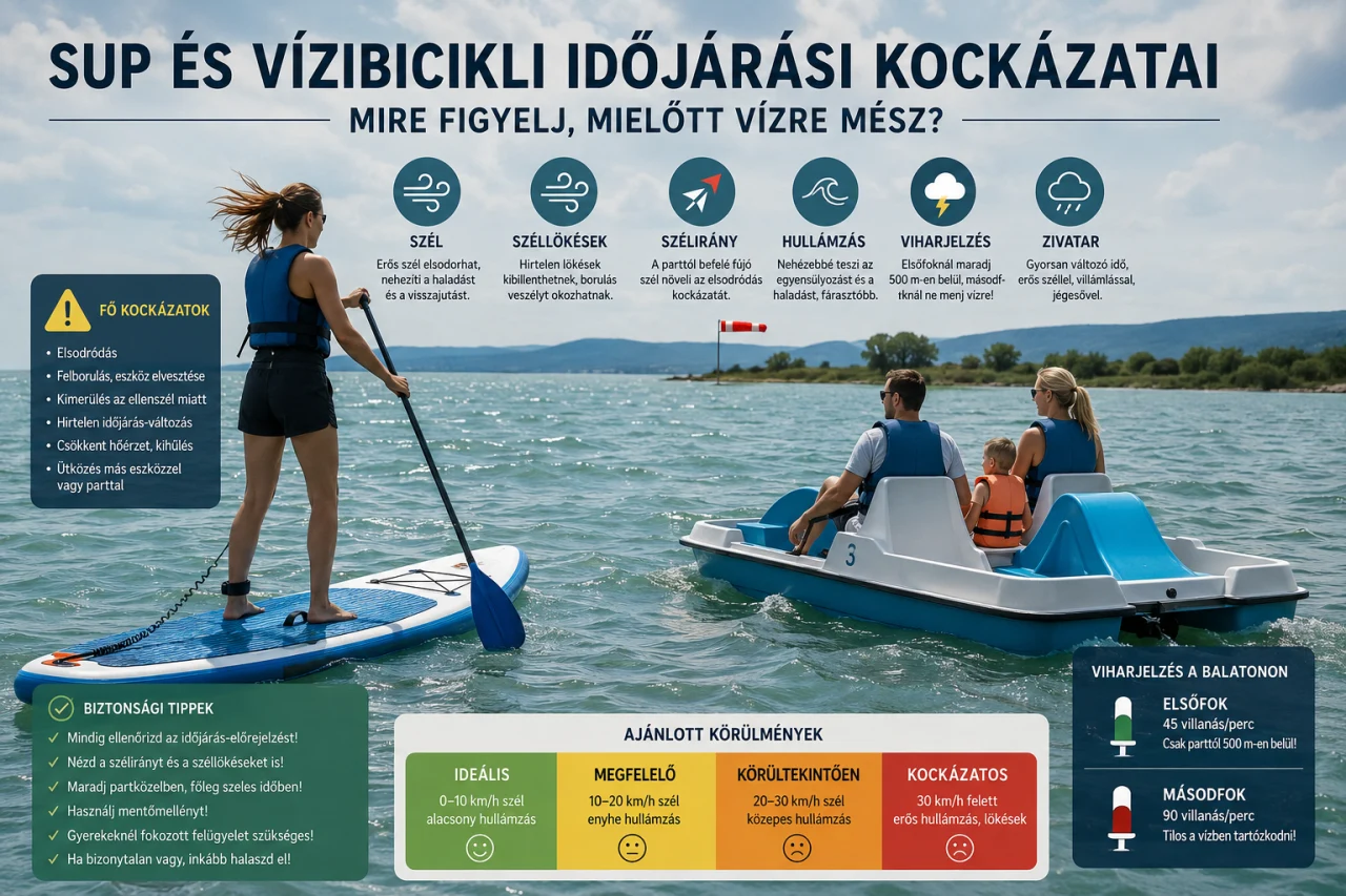 Infografika SUP &eacute;s v&iacute;zibicikli időj&aacute;r&aacute;si kock&aacute;zatair&oacute;l, sz&eacute;llel, sz&eacute;ll&ouml;k&eacute;sekkel, sz&eacute;lir&aacute;nnyal, hull&aacute;mz&aacute;ssal, zivatarral &eacute;s viharjelz&eacute;ssel.