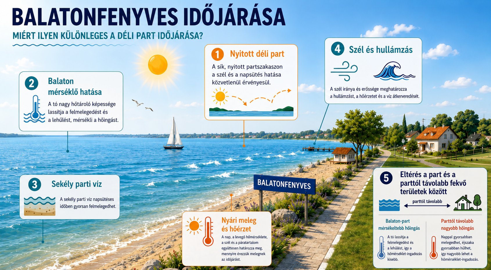 Infografika Balatonfenyves időj&aacute;r&aacute;s&aacute;r&oacute;l, a Balaton, a sz&eacute;l &eacute;s a sek&eacute;ly parti v&iacute;z hat&aacute;sair&oacute;l