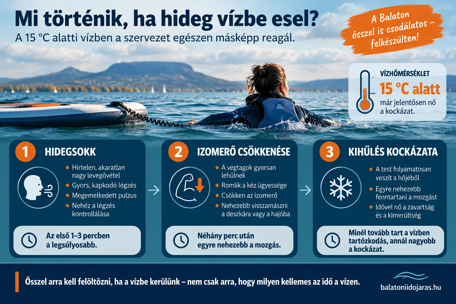 Infografika a hideg v&iacute;z vesz&eacute;lyeiről: hidegsokk, izomerő-cs&ouml;kken&eacute;s &eacute;s kihűl&eacute;s 15 &deg;C alatti Balaton-v&iacute;zben.