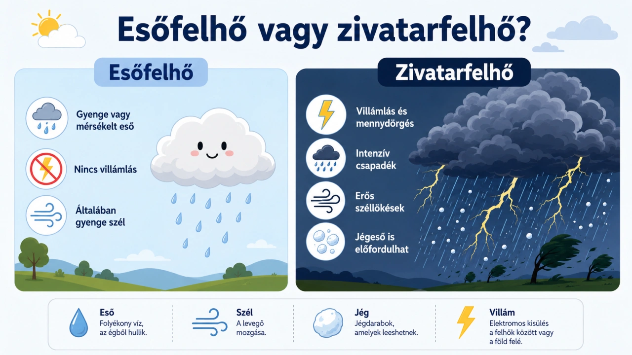 Szemléletes magyar infografika mutatja be az esőfelhő és a zivatarfelhő közötti különbségeket, beleértve a csapadékot, a szelet, a villámlást és a jégesőt. Magyar nyelvű infografika az esőfelhő és a zivatarfelhő közötti különbségekről, eső-, szél-, jég- és villámikonokkal.