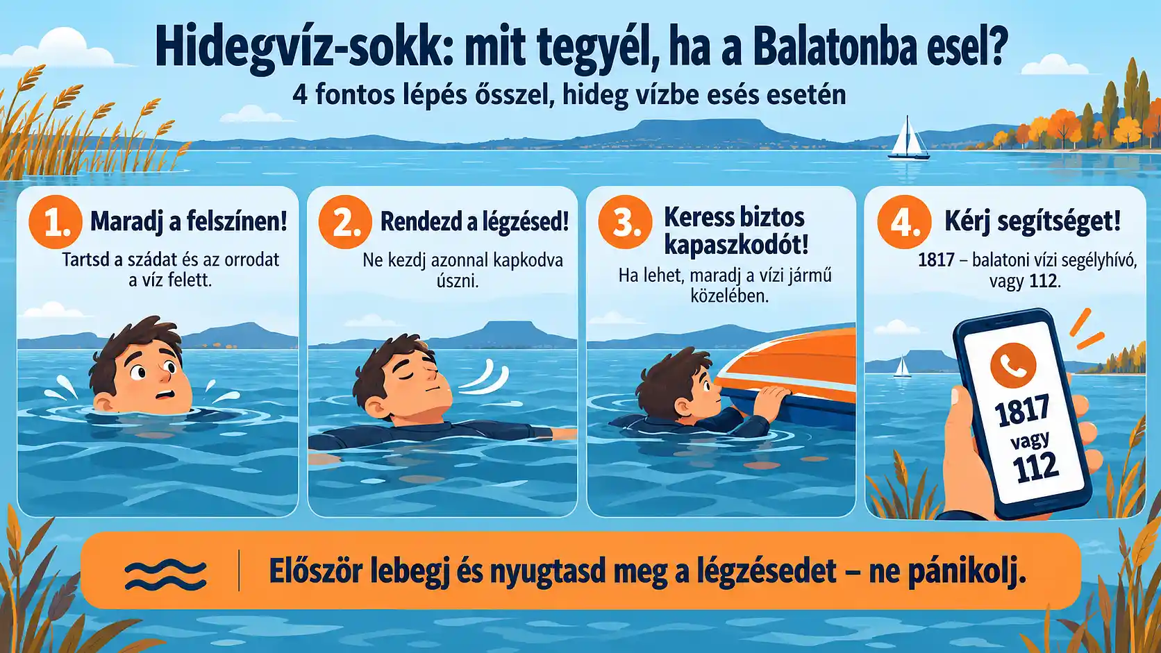 Magyar nyelvű, négy lépésből álló vízbiztonsági infografika a hidegvíz-sokkról. Bemutatja, mit tegyél, ha ősszel a hideg Balatonba esel: hogyan maradj a felszínen, rendezd a légzésed, keress kapaszkodót és kérj segítséget. Hidegvíz-sokk a Balatonban: négy fontos lépés vízbe esés esetén – maradj a felszínen, rendezd a légzésed, keress kapaszkodót és kérj segítséget az 1817-es vagy a 112-es számon.