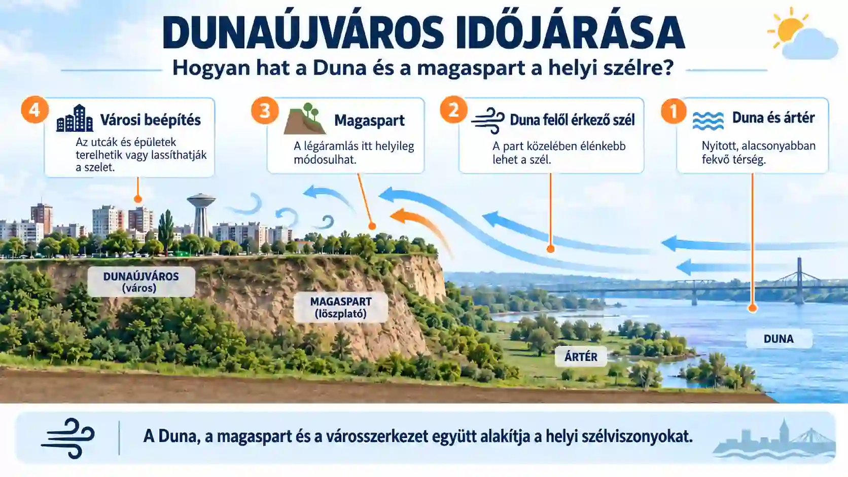 Infografika arról, hogyan befolyásolja Dunaújváros helyi szélviszonyait a Duna, az alacsonyabban fekvő ártér, a magaspart és a városi beépítés. Infografika Dunaújváros időjárási sajátosságairól, a Duna, az ártér, a magaspart és a városi beépítés szélalakító hatásáról