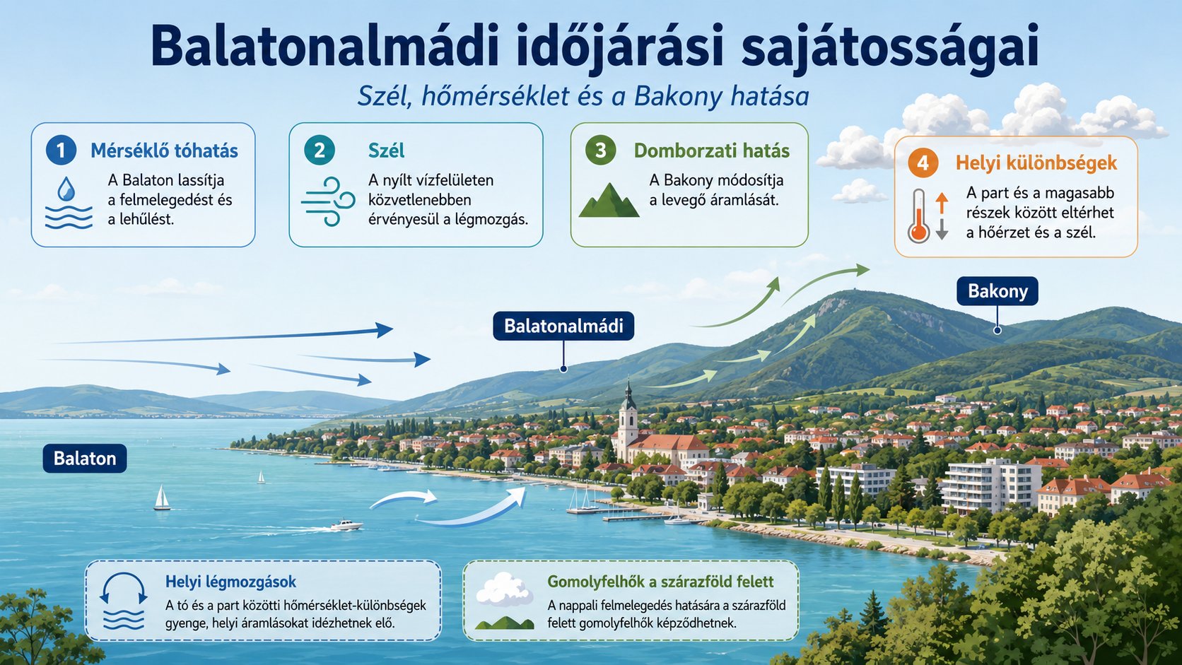 Infografika Balatonalm&aacute;di időj&aacute;r&aacute;si saj&aacute;toss&aacute;gair&oacute;l, a sz&eacute;l, a t&oacute;hat&aacute;s &eacute;s a Bakony szerep&eacute;ről