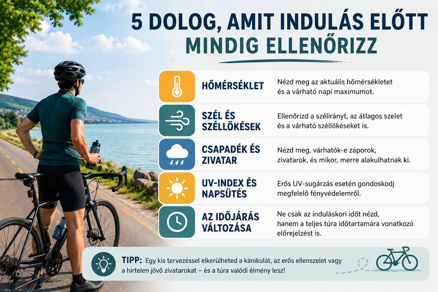 Infografika a balatoni ker&eacute;kp&aacute;rt&uacute;ra előtti &ouml;t legfontosabb időj&aacute;r&aacute;si ellenőrz&eacute;sről: hőm&eacute;rs&eacute;klet, sz&eacute;l, zivatar, UV-index &eacute;s időj&aacute;r&aacute;s-v&aacute;ltoz&aacute;sInfografika a balatoni ker&eacute;kp&aacute;rt&uacute;ra előtti &ouml;t legfontosabb időj&aacute;r&aacute;si ellenőrz&eacute;sről: hőm&eacute;rs&eacute;klet, sz&eacute;l, zivatar, UV-index &eacute;s időj&aacute;r&aacute;s-v&aacute;ltoz&aacute;s