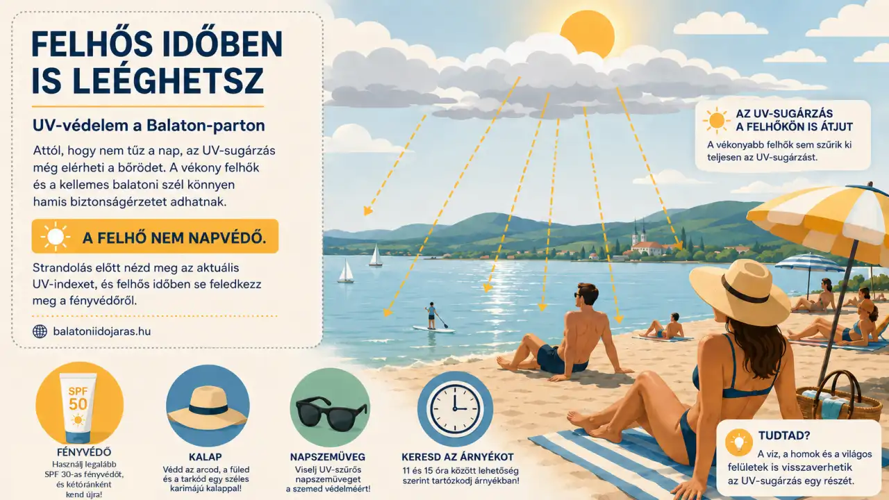 Infografika a felhős időben is fontos UV-v&eacute;delemről a Balaton-parton, f&eacute;nyv&eacute;dővel, kalappal, napszem&uuml;veggel &eacute;s &aacute;rny&eacute;kkeres&eacute;si tan&aacute;csokkal.