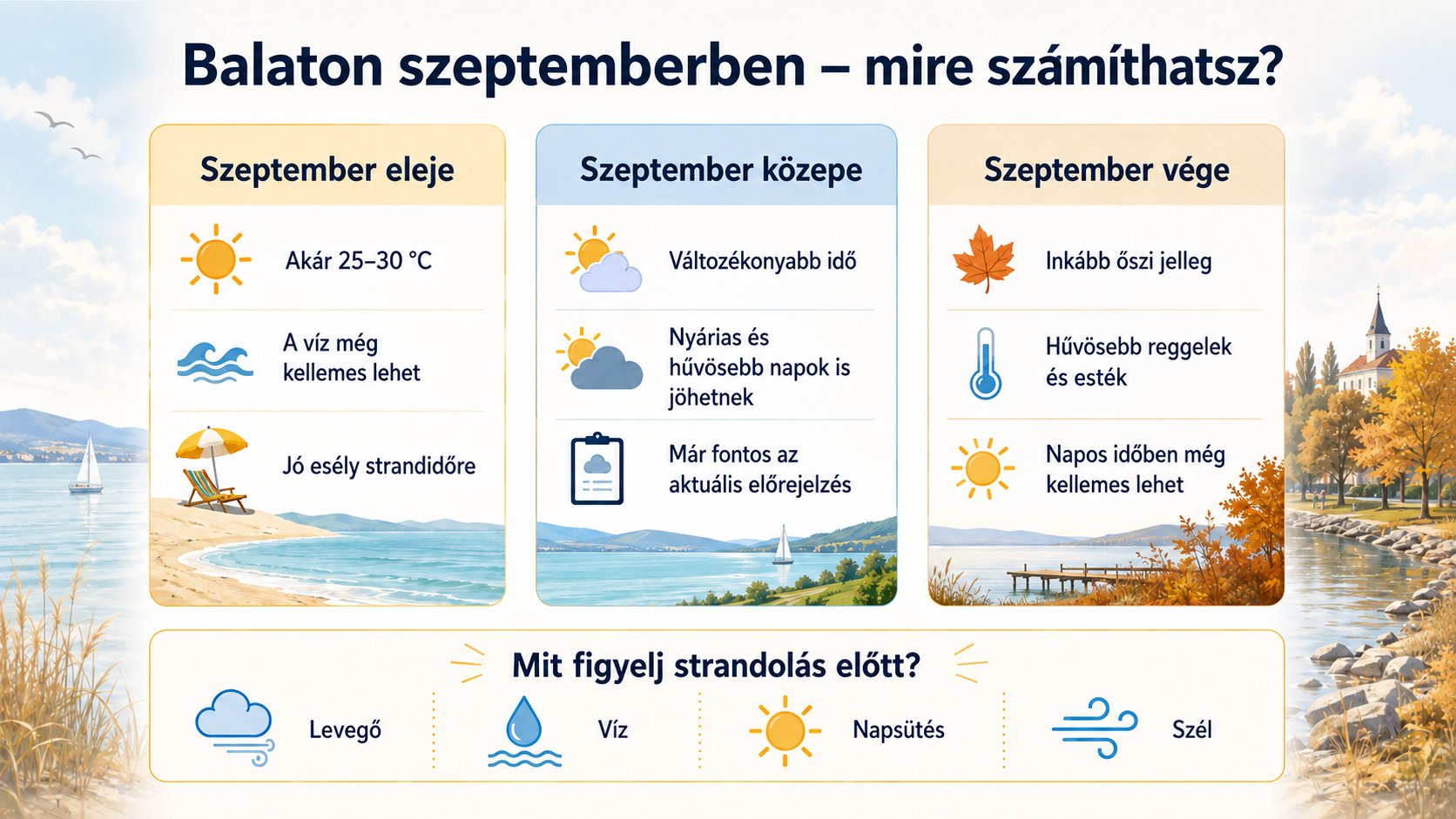 Infografika a Balaton szeptemberi időjárásáról: mikor lehet még strandidő, hogyan változik az idő a hónap során, és mit érdemes figyelni strandolás előtt. Balaton szeptemberben infografika a strandidő esélyeiről, a hónap eleji, közepi és végi időjárás jellemzőivel