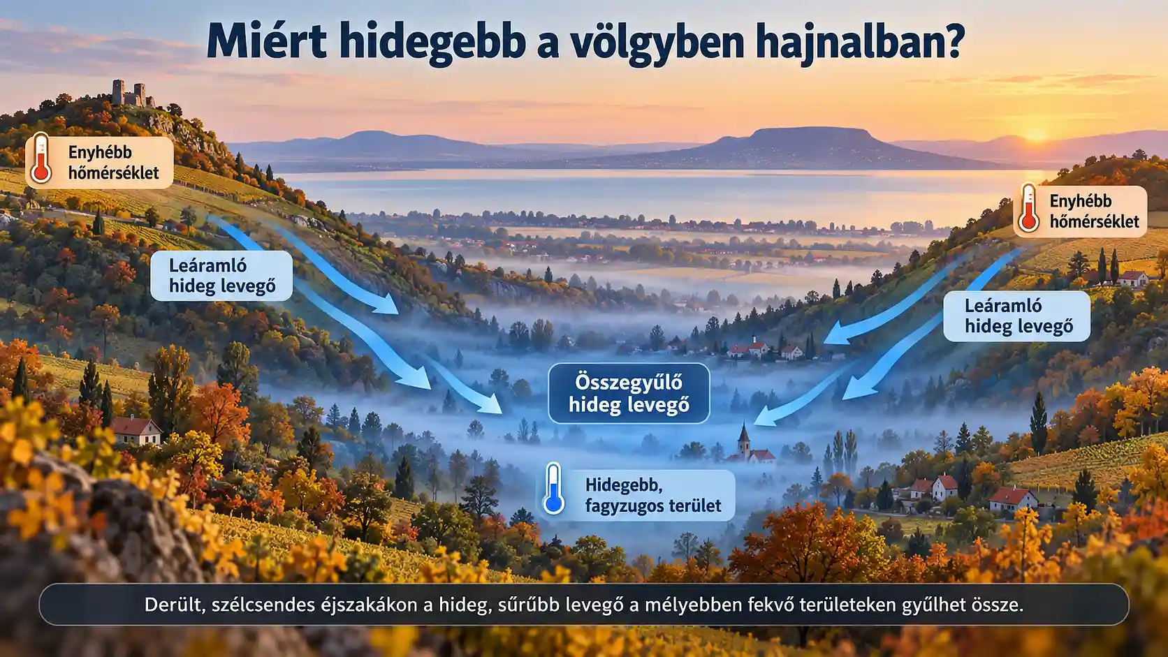 Hideg levegő &aacute;ramlik a Balaton-felvid&eacute;k v&ouml;lgyeibe, ahol fagyzug alakulhat ki