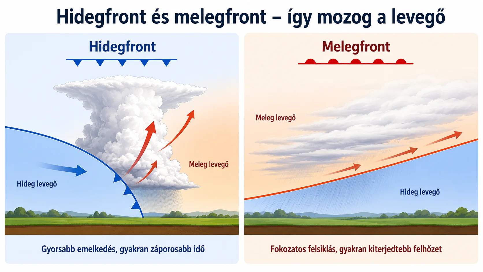 A hidegfront és melegfront működését bemutató infografika: hidegfrontnál a hideg levegő a meleg alá nyomul, melegfrontnál a meleg levegő fokozatosan felsiklik a hideg fölé. Hidegfront és melegfront keresztmetszeti ábrája a hideg és meleg levegő mozgásával