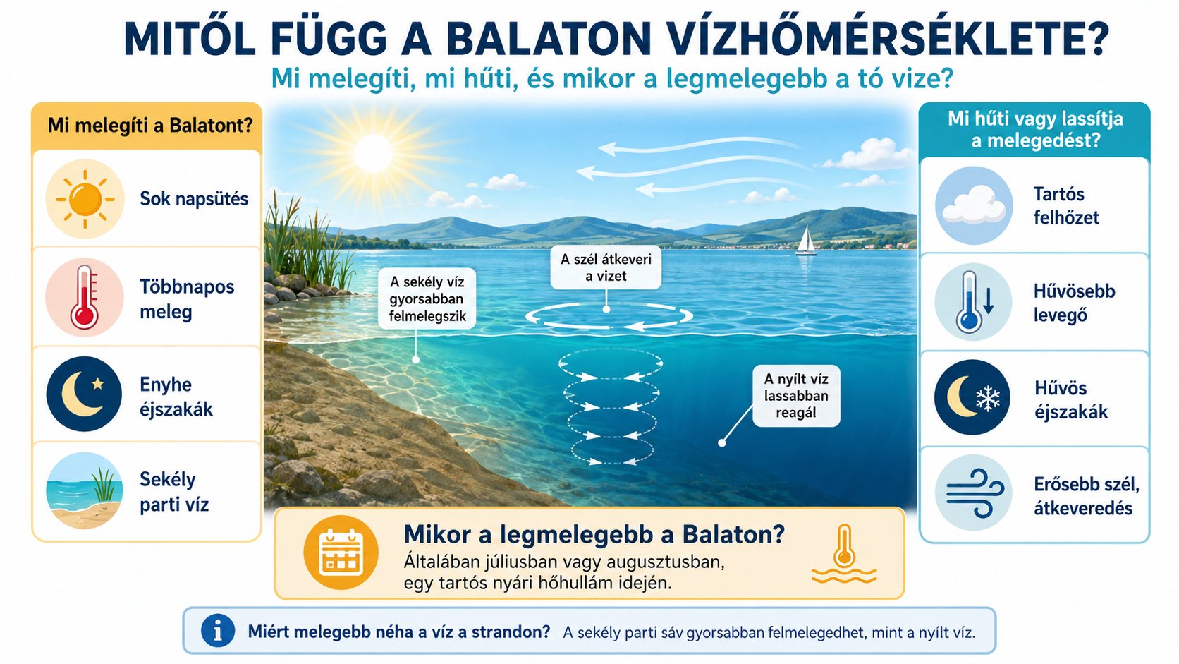 Infografika arr&oacute;l, mitől f&uuml;gg a Balaton v&iacute;zhőm&eacute;rs&eacute;klete, mi meleg&iacute;ti &eacute;s hűti a t&oacute; viz&eacute;t, valamint mikor a legmelegebb.