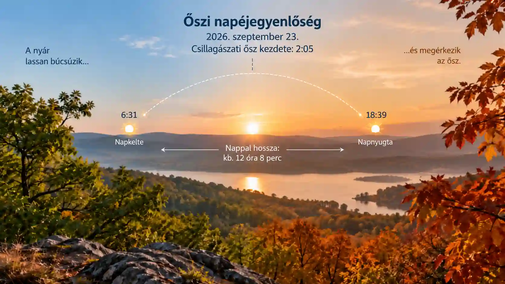 2026. szeptember 23-án 2:05-kor kezdődik a csillagászati ősz. Budapesten ezen a napon 6:31-kor kel és 18:39-kor nyugszik a Nap, így a nappal körülbelül 12 óra 8 percig tart. Őszi napéjegyenlőség 2026 Budapesten, a napkelte és napnyugta időpontjával
