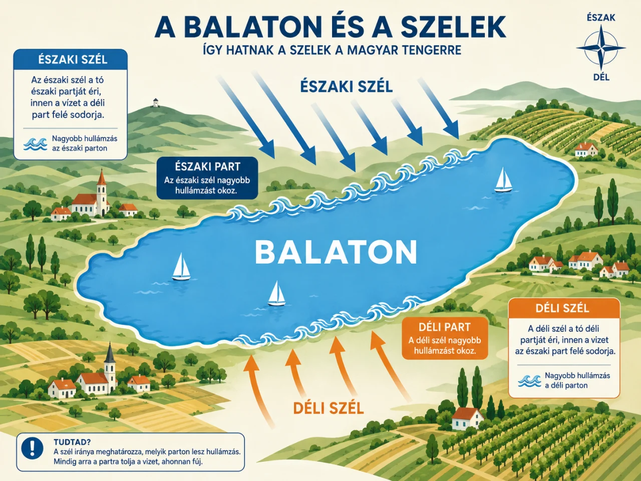 Magyar nyelvű Balaton-infografika mutatja be, hogyan befolyásolja az északi és a déli szél a tó hullámzását és a partok időjárását. Magyar nyelvű infografika a Balaton északi és déli szélirányairól, a szél mozgását jelző nyilakkal és a part menti hullámzással.
