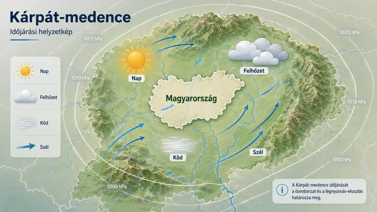 Illusztratív infografika a Kárpát-medence időjárási helyzetéről, Magyarország kiemelésével, izobárokkal, köddel, széllel és felhőzettel. Illusztratív térkép a Kárpát-medencéről, Magyarország kiemelésével, időjárási szimbólumokkal, izobárokkal és légmozgást jelző nyilakkal.