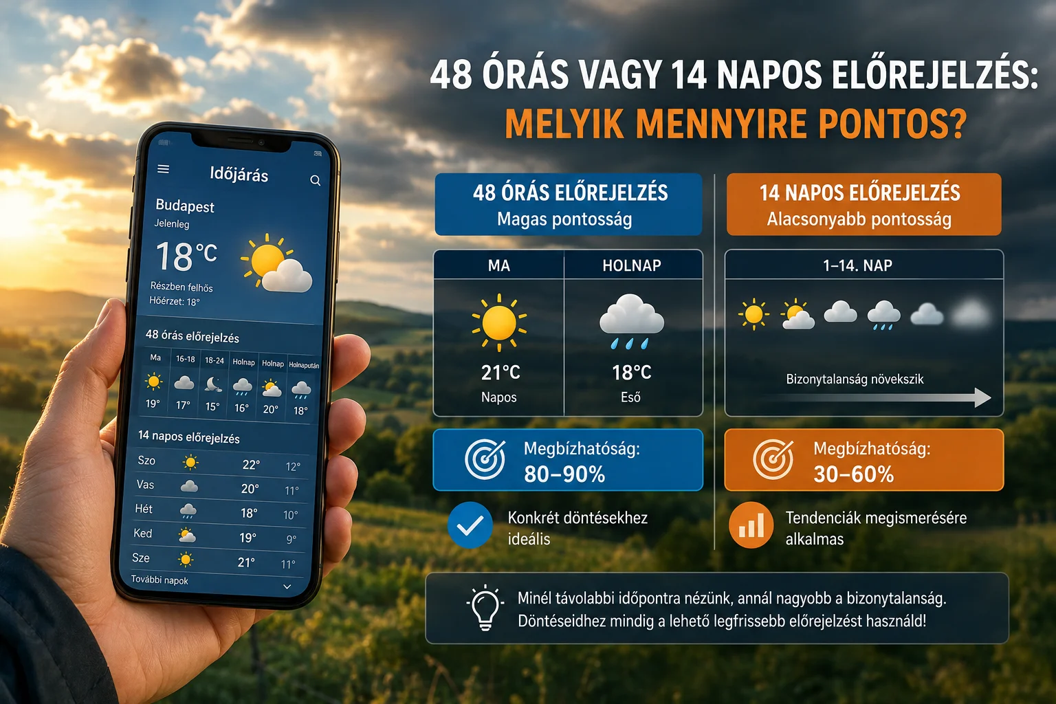 A rövid távú előrejelzés konkrét döntésekhez, a 14 napos prognózis pedig elsősorban az időjárási tendenciák megismeréséhez nyújt támpontot. 48 órás és 14 napos időjárás-előrejelzés összehasonlítása okostelefonos időjárás-alkalmazással48 órás és 14 napos időjárás-előrejelzés összehasonlítása okostelefonos időjárás-alkalmazással