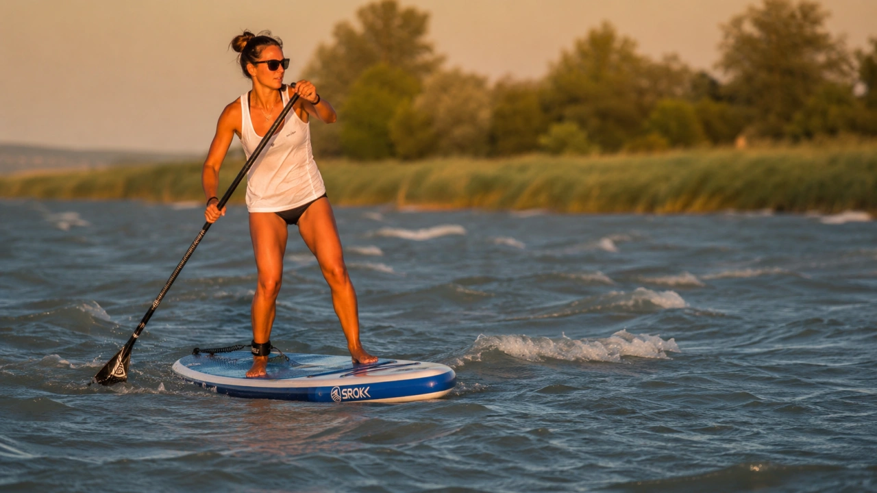 SUP-deszkán evező nő a szeles Balatonon, hullámos vízzel és nádas partszakasszal a háttérben.
