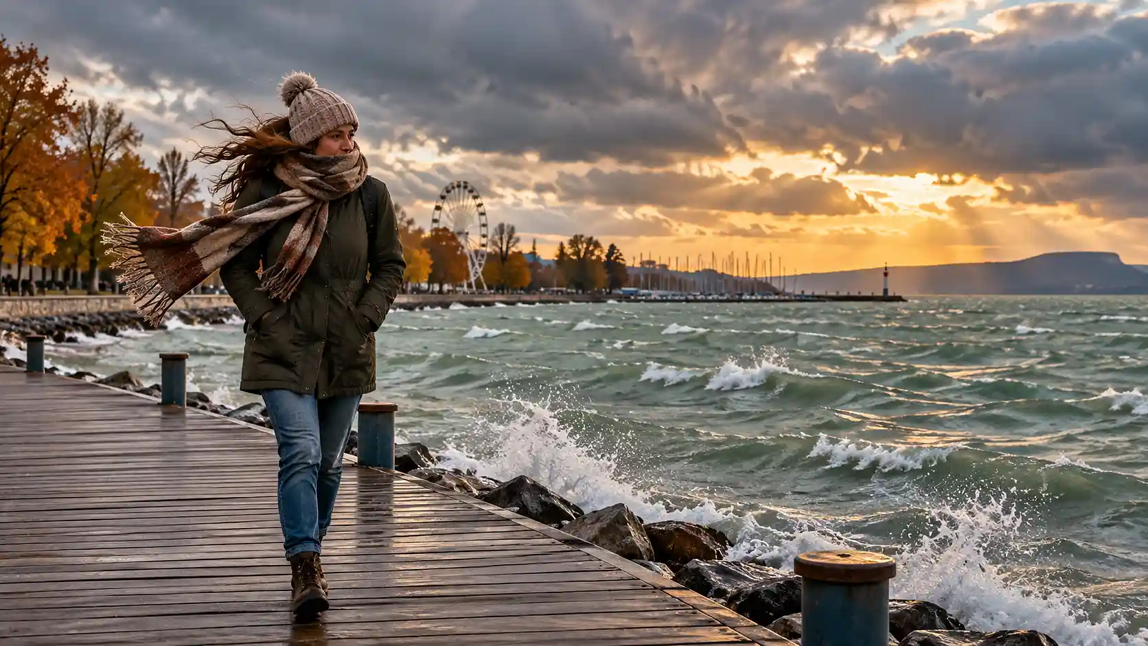 Szeles őszi idő a Balaton partján, kabátos sétáló a hullámzó tó mellett.